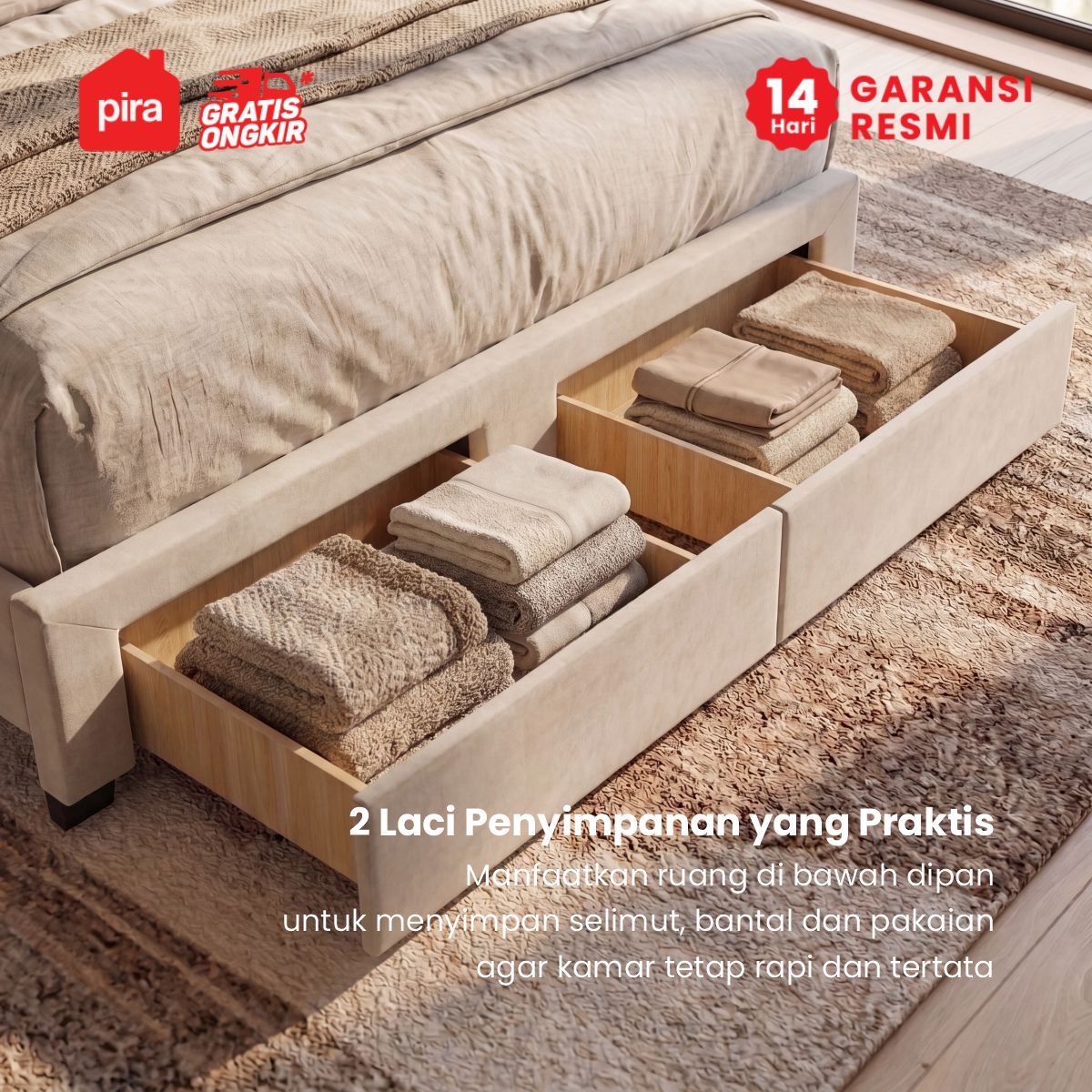 PIRA - PALMA BD160 PLATFORM BED / DIPAN / DIPAN TEMPAT TIDUR / RANJANG KASUR / DIPAN DENGAN LACI PENYIMPANAN warna CREAM - PIRA - foto 7