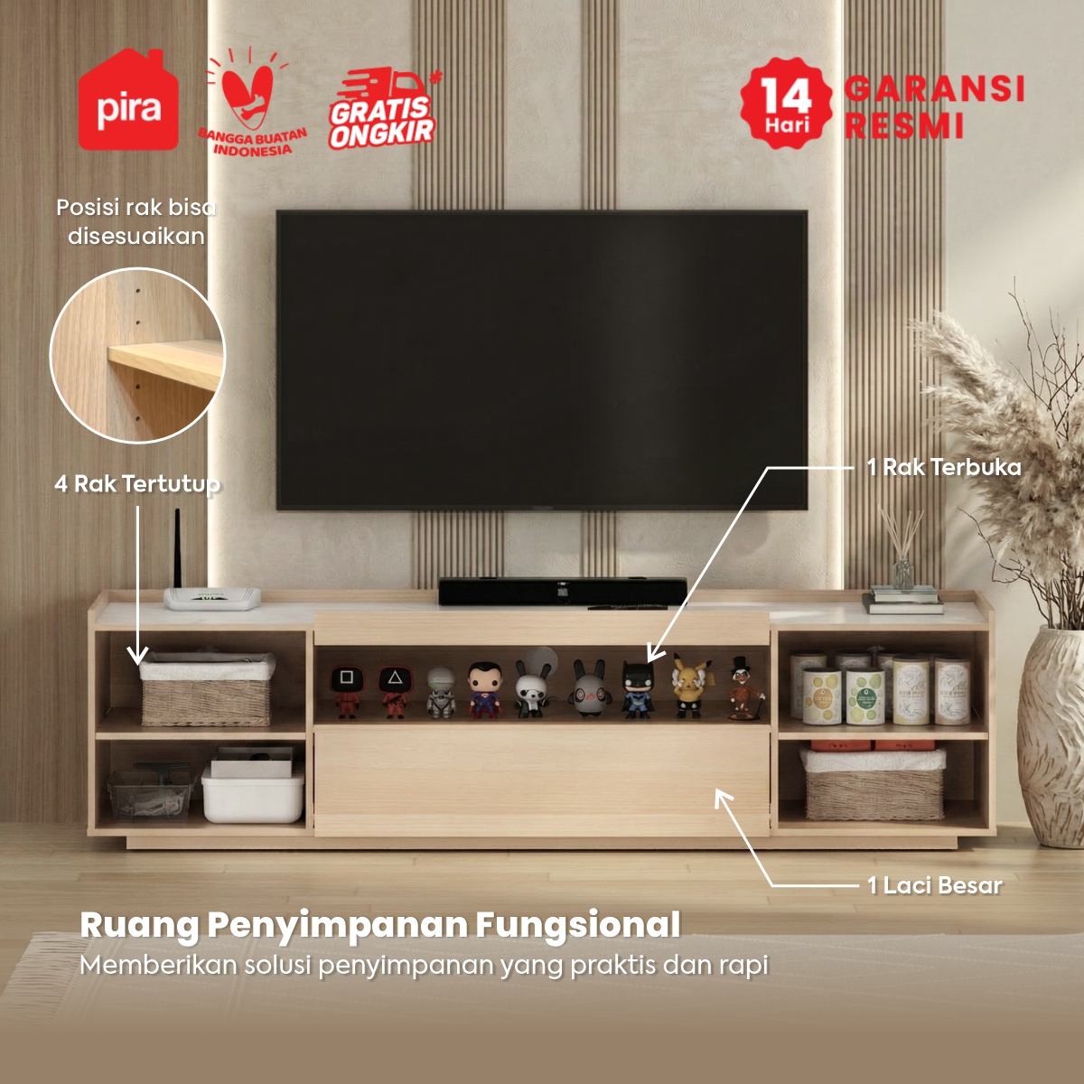 PIRA METROPOLIS OX - ABRAM TV160 DR LOW MEJA TV / RAK TV / BUFET / KABINET warna PRO OAK - WHITE MARBLE - PIRA METROPOLIS OX - foto 3