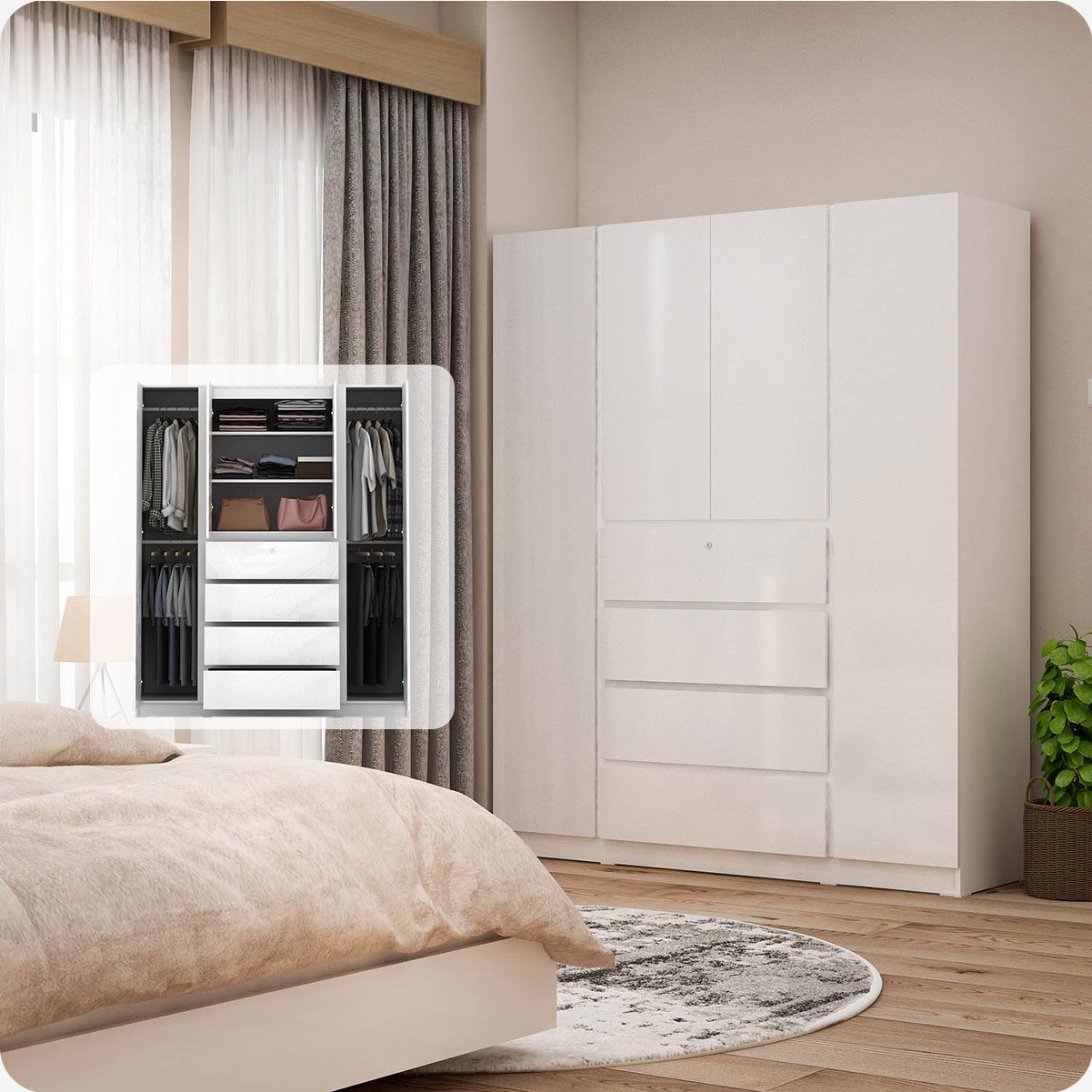 PIRA BAVARIAN - NUVO WD160 4DR LEMARI PAKAIAN 4 PINTU DENGAN LACI warna WHITE GLOSSY - BAVARIAN - foto 2