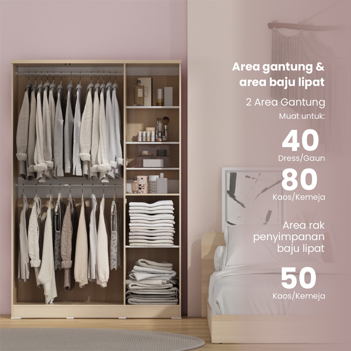 PIRA METROPOLIS OX - ARUNA AVA WDD 3 LEMARI PAKAIAN 3 PINTU DENGAN KACA RIAS warna PRO OAK - WHITE - PIRA METROPOLIS OX - foto 4