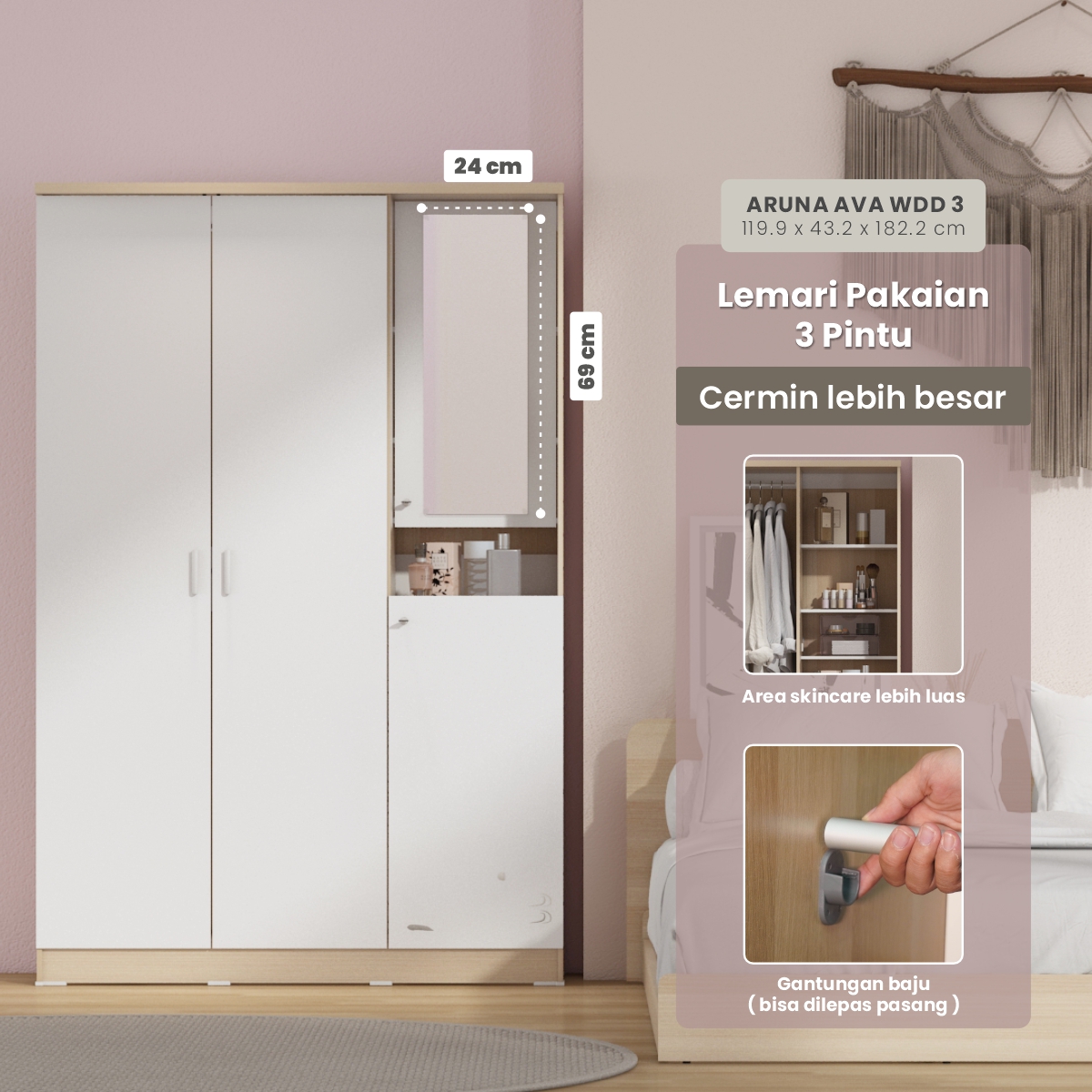 PIRA METROPOLIS OX - ARUNA AVA WDD 3 LEMARI PAKAIAN 3 PINTU DENGAN KACA RIAS warna PRO OAK - WHITE - PIRA METROPOLIS OX - foto 2