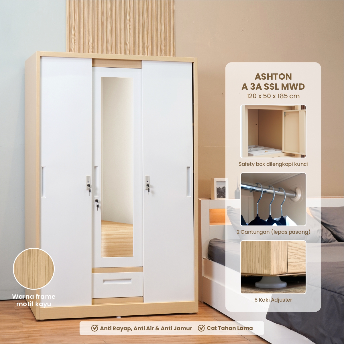 PIRA - ASHTON A 3A N SSL MWD LEMARI PAKAIAN BESI 3 PINTU SLIDING / PINTU GESER warna LIGHT ASH - WHITE - PIRA - foto 1