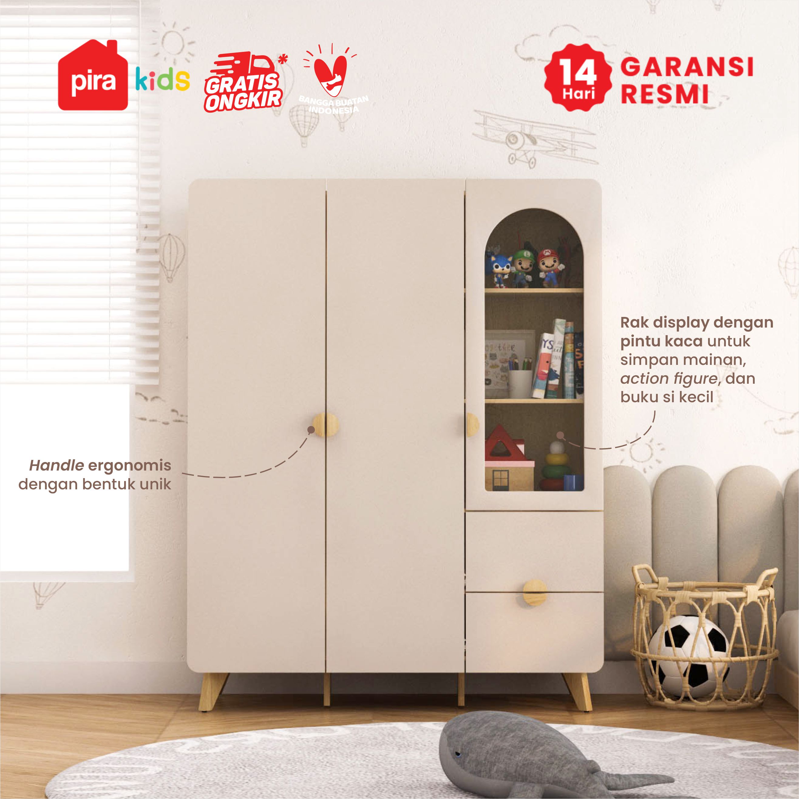 PIRA KIDS - TIANA BL150 LEMARI PAKAIAN ANAK 3 PINTU / LEMARI BAJU ANAK warna EURO OAK - LIGHT TAUPE - PIRA KIDS - foto 2
