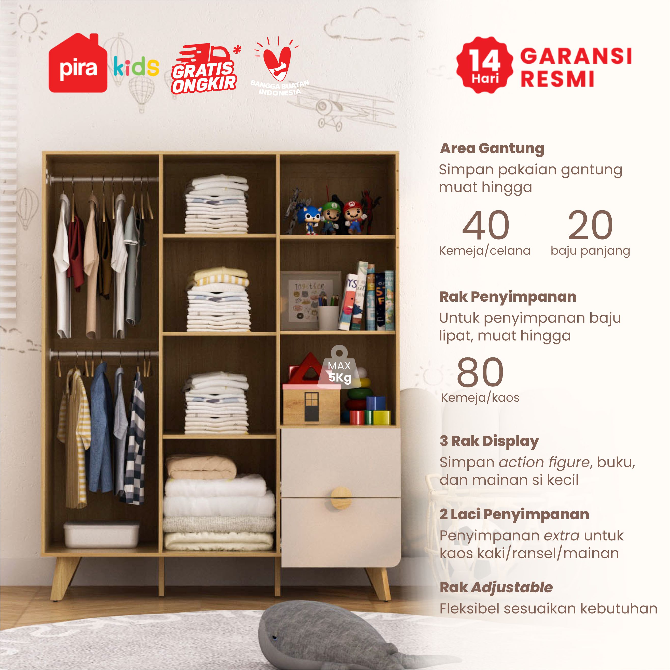 PIRA KIDS - TIANA BL150 LEMARI PAKAIAN ANAK 3 PINTU / LEMARI BAJU ANAK warna EURO OAK - LIGHT TAUPE - PIRA KIDS - foto 3