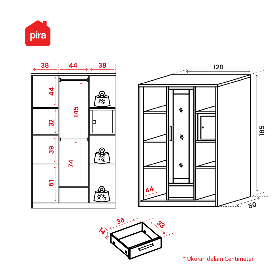 Panduan ukuran PIRA - LINIO 3A SSL MWD LEMARI PAKAIAN BESI 3 PINTU SLIDING / PINTU GESER warna WHITE - PIRA