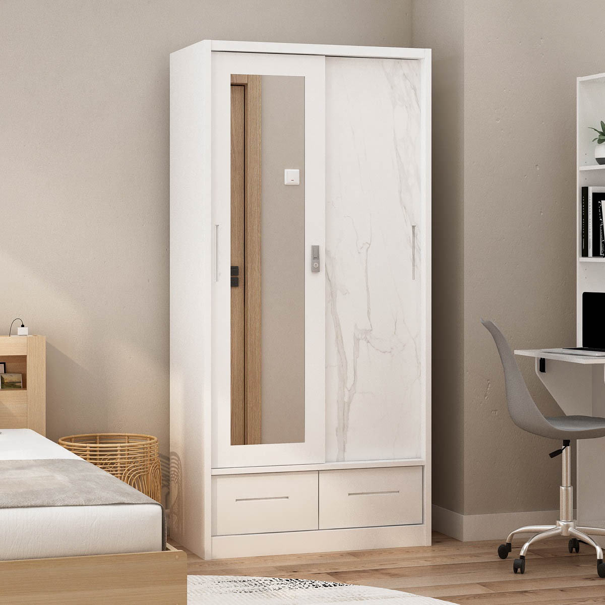 PIRA - CATTA 90D MWDSL LEMARI PAKAIAN BESI SLIDING / PINTU GESER warna LIGHT MARBLE - WHITE - PIRA - foto 1