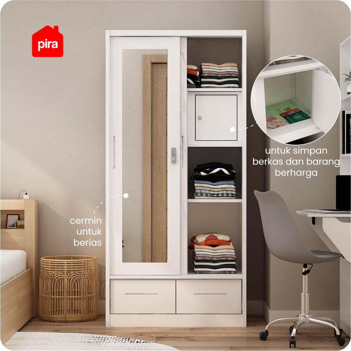 PIRA - CATTA 90D MWDSL LEMARI PAKAIAN BESI SLIDING / PINTU GESER warna LIGHT MARBLE - WHITE - PIRA - foto 2