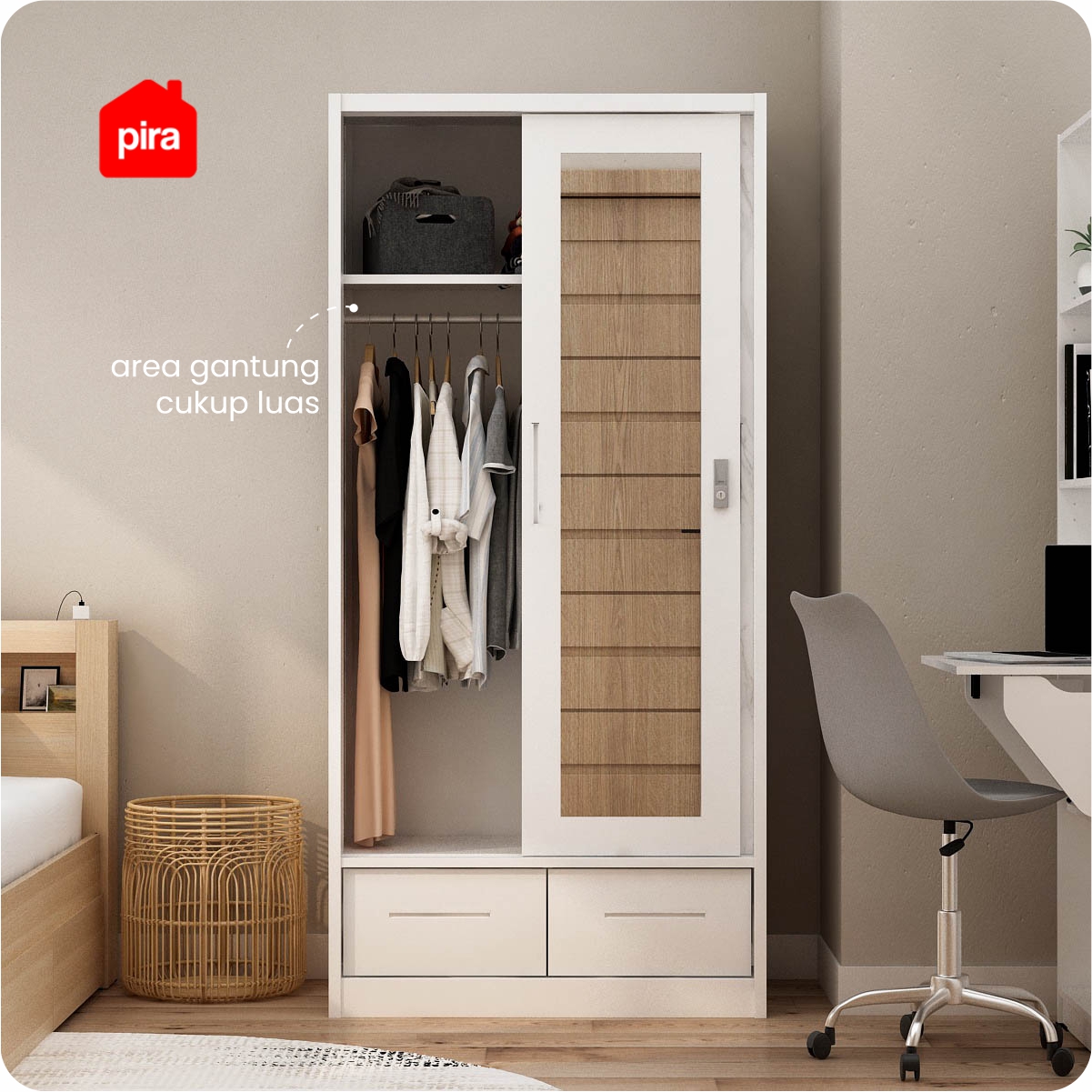 PIRA - CATTA 90D MWDSL LEMARI PAKAIAN BESI SLIDING / PINTU GESER warna LIGHT MARBLE - WHITE - PIRA - foto 3