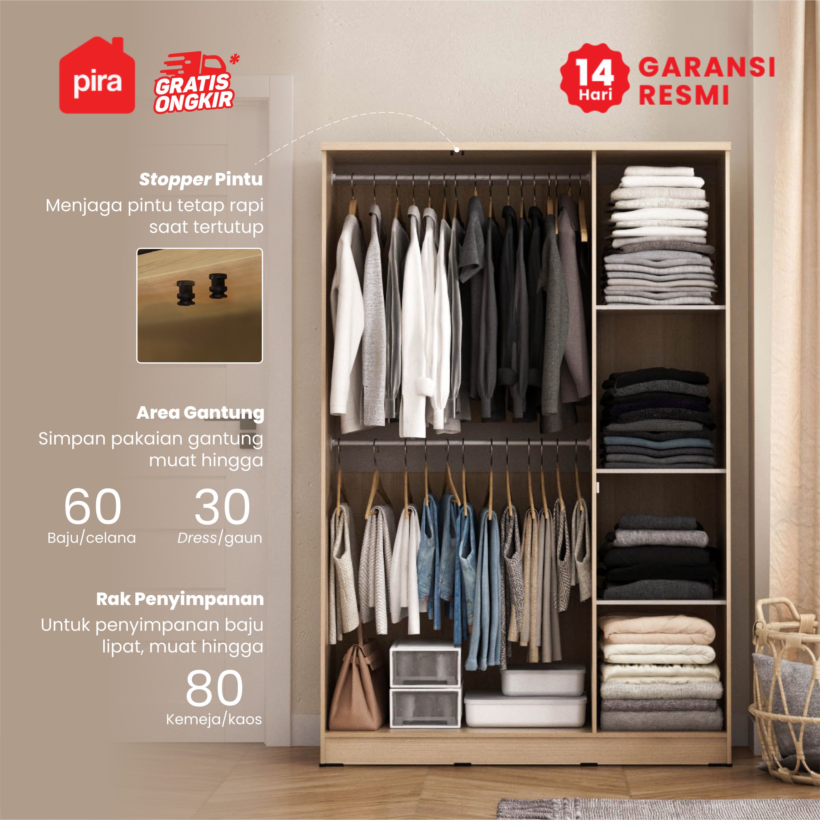 PIRA METROPOLIS OX - ARUNA 3P A LEMARI PAKAIAN 3 PINTU warna PRO OAK - LIGHT TAUPE - PIRA METROPOLIS - foto 2