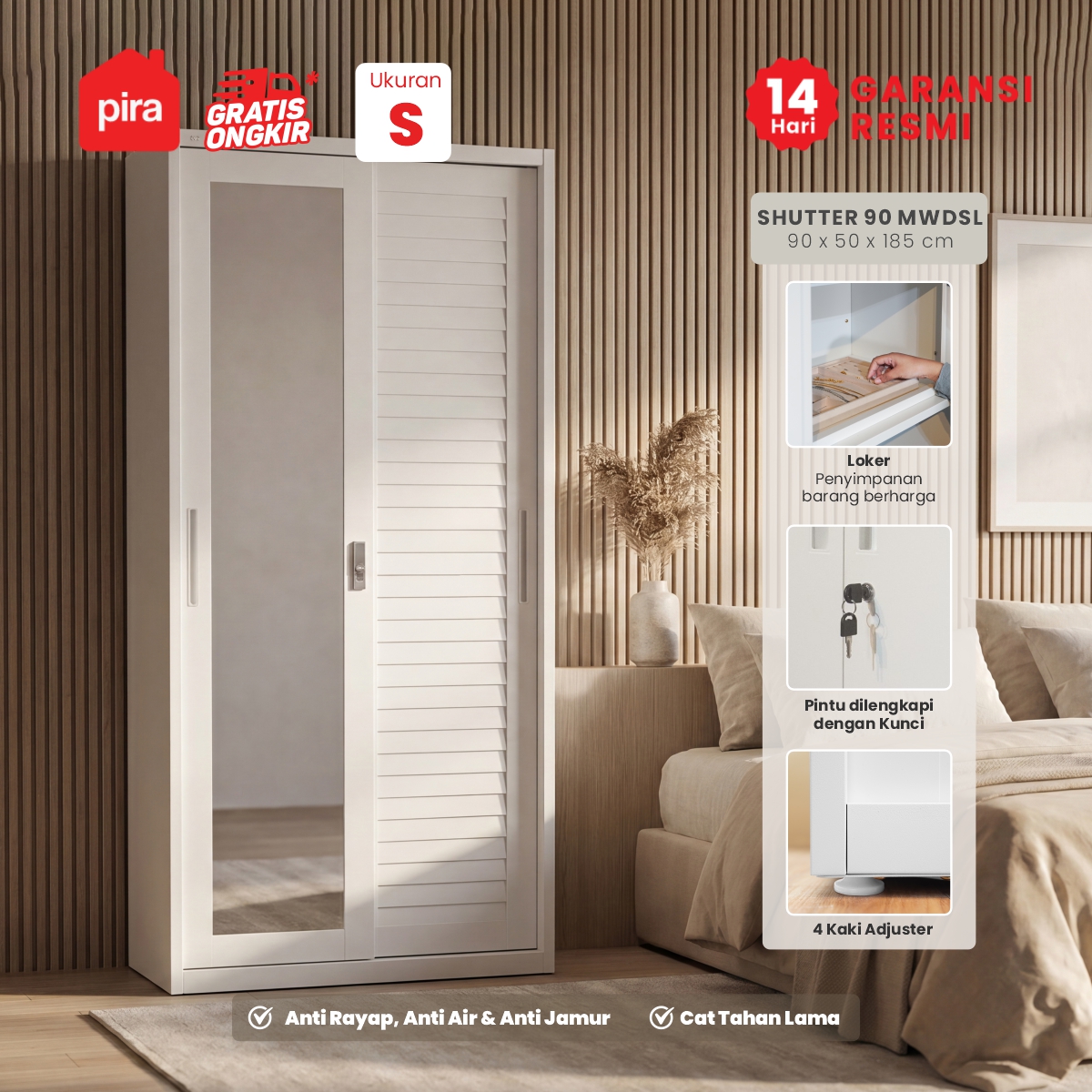 PIRA - SHUTTER 90 MWDSL LEMARI PAKAIAN BESI SLIDING / PINTU GESER warna WHITE - PIRA - foto 1