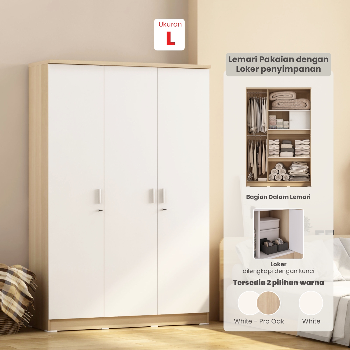 PIRA METROPOLIS OX - ARUNA 3PS LK LEMARI PAKAIAN 3 PINTU / LEMARI BAJU FULL RAK DENGAN LOKER PENYIMPANAN warna PRO OAK - WHITE - PIRA METROPOLIS - foto 2