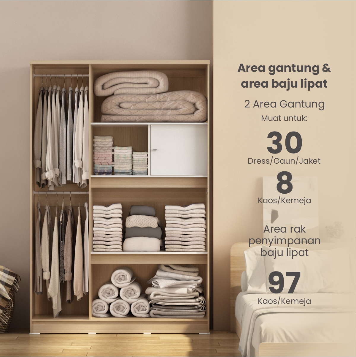 PIRA METROPOLIS OX - ARUNA 3PS LK LEMARI PAKAIAN 3 PINTU / LEMARI BAJU FULL RAK DENGAN LOKER PENYIMPANAN warna PRO OAK - WHITE - PIRA METROPOLIS - foto 4