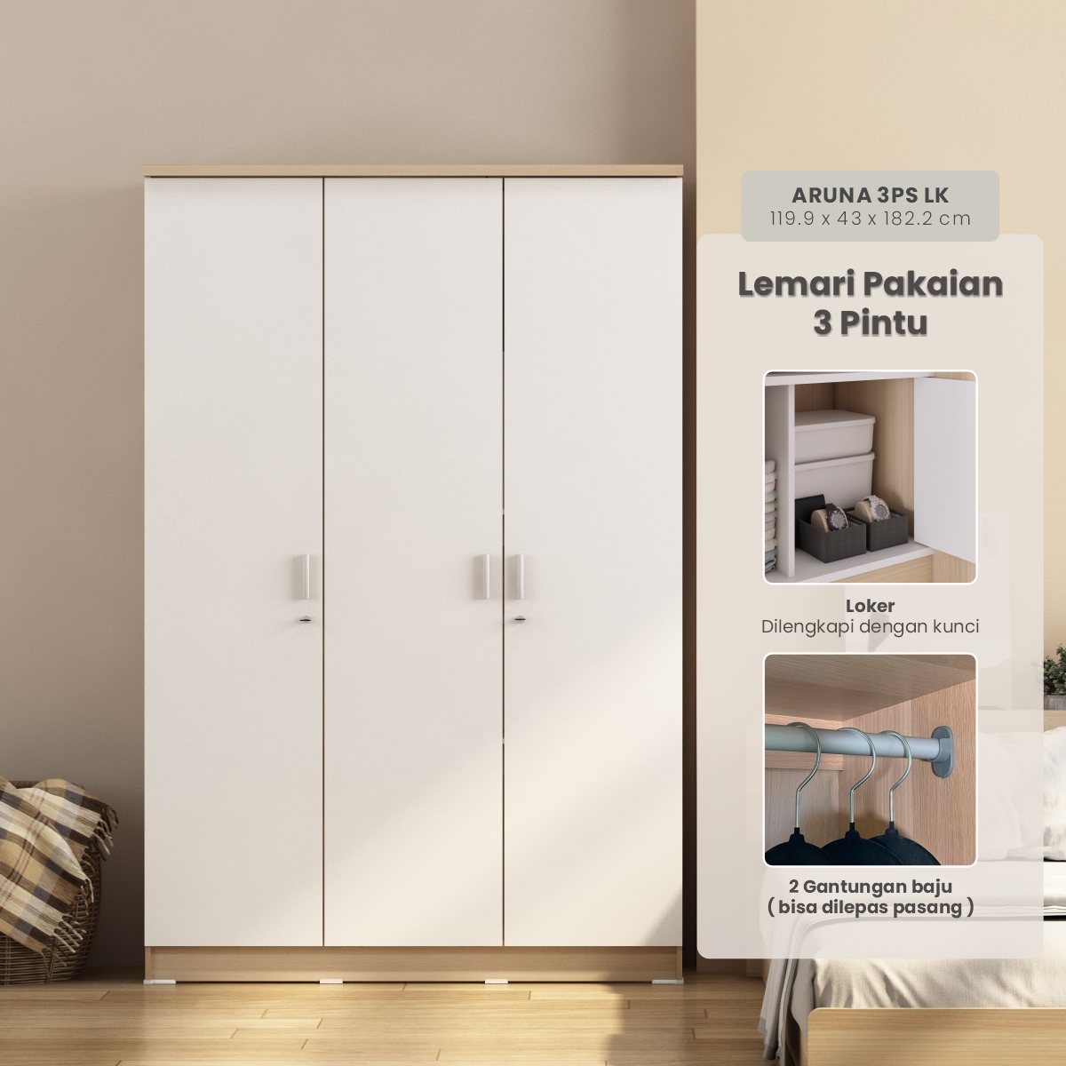 PIRA METROPOLIS OX - ARUNA 3PS LK LEMARI PAKAIAN 3 PINTU / LEMARI BAJU FULL RAK DENGAN LOKER PENYIMPANAN warna PRO OAK - WHITE - PIRA METROPOLIS - foto 5