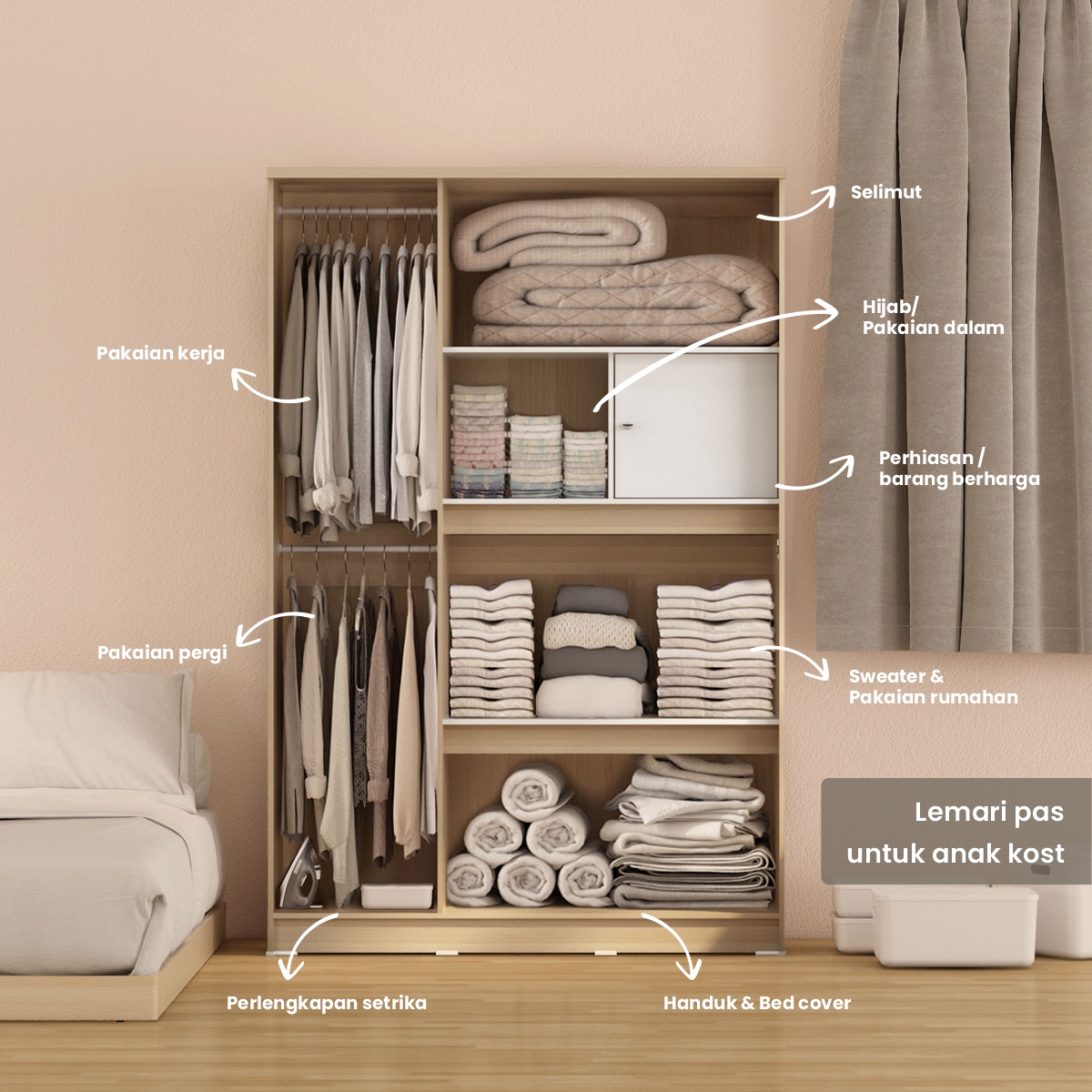 PIRA METROPOLIS OX - ARUNA 3PS LK LEMARI PAKAIAN 3 PINTU / LEMARI BAJU FULL RAK DENGAN LOKER PENYIMPANAN warna PRO OAK - WHITE - PIRA METROPOLIS - foto 8