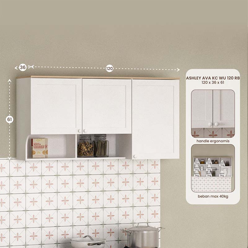 PIRA METROPOLIS - ASHLEY AVA KC WU120 RB RAK DAPUR / RAK GANTUNG DAPUR / KITCHEN SET ATAS warna WHITE - PRO OAK - PIRA METROPOLIS - foto 1