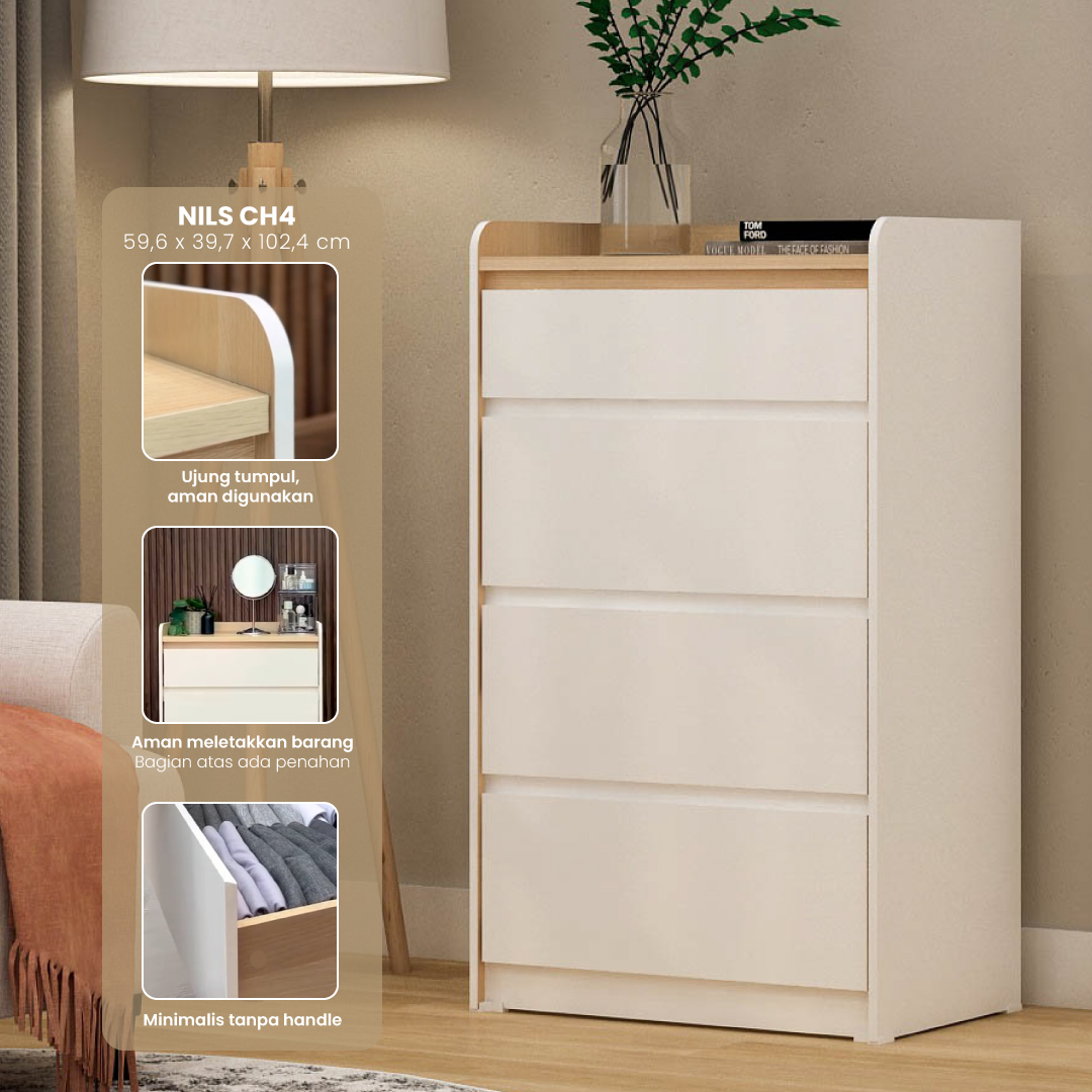 PIRA METROPOLIS -  NILS CH4 LEMARI LACI 4 SUSUN warna WHITE - PRO OAK - PIRA METROPOLIS - foto 1