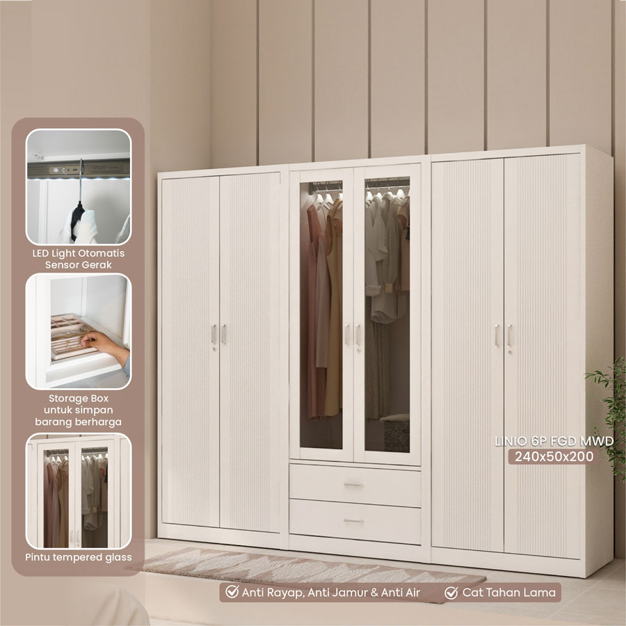 PIRA - LINIO 6P FGD MWD LEMARI PAKAIAN BESI 6 PINTU DENGAN LACI DAN LED warna WHITE - PIRA - foto 1