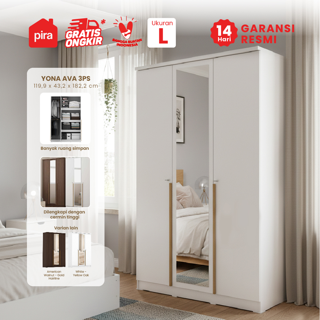 PIRA METROPOLIS -  YONA AVA 3PS LEMARI PAKAIAN 3 PINTU DENGAN LEBIH BANYAK RAK warna WHITE - YELLOW OAK - PIRA METROPOLIS - foto 1