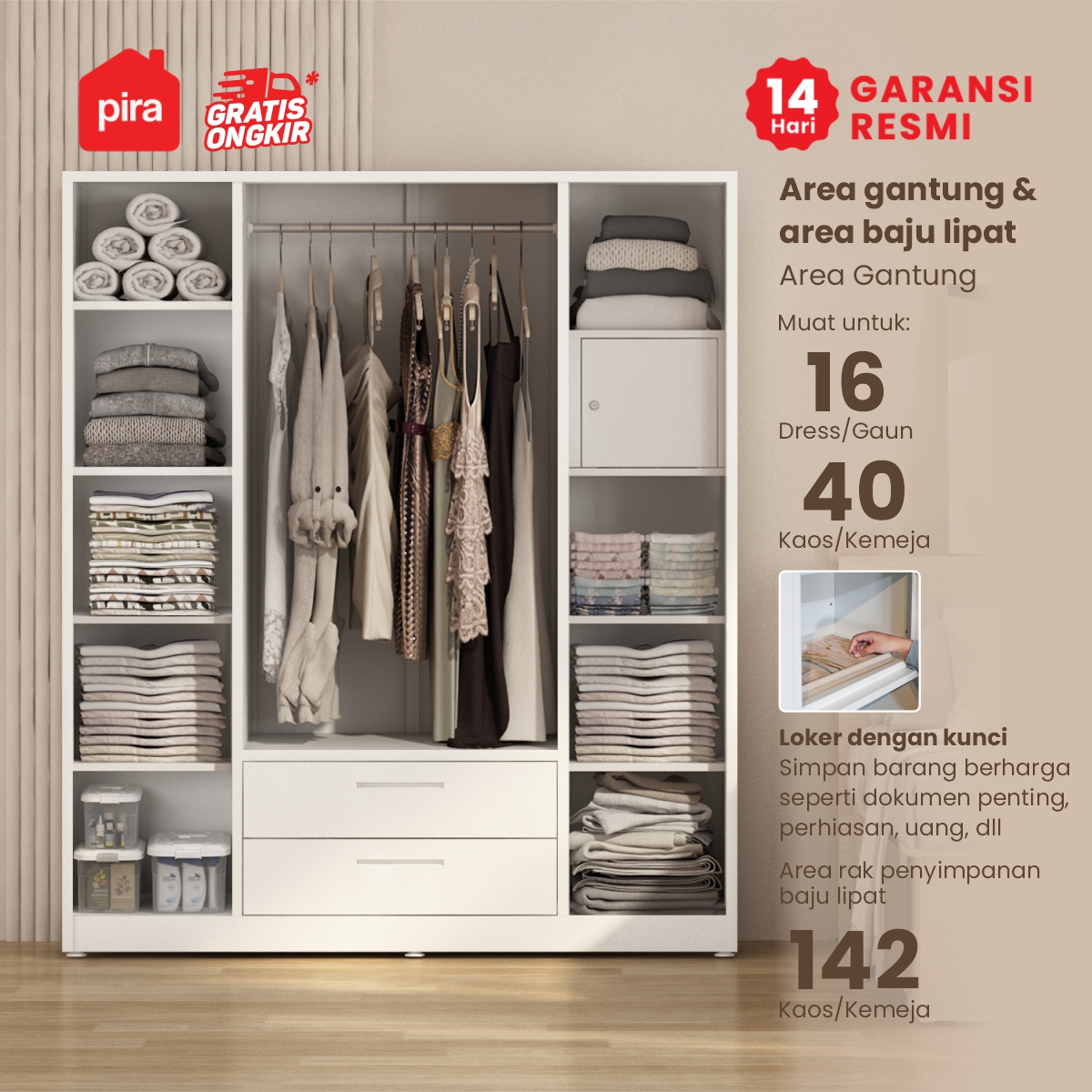 PIRA -  SAXON 4P 2DR MWD LEMARI PAKAIAN BESI 4 PINTU DENGAN CERMIN DAN 2 LACI warna WHITE - PIRA - foto 3
