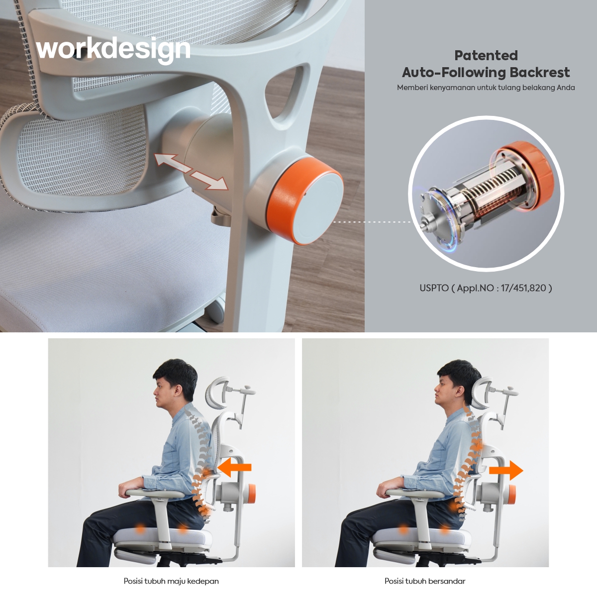 WORKDESIGN ANISEYA PC KURSI KANTOR / KURSI KERJA ERGONOMIS DENGAN LUMBAR SUPPORT warna GREY - WORKDESIGN - foto 2