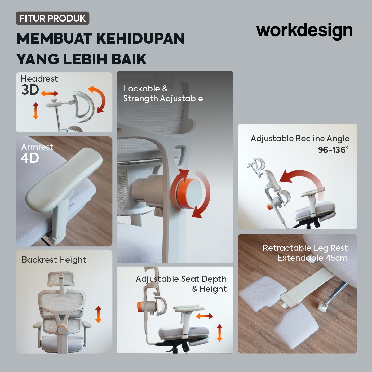 WORKDESIGN ANISEYA PC KURSI KANTOR / KURSI KERJA ERGONOMIS DENGAN LUMBAR SUPPORT warna GREY - WORKDESIGN - foto 3