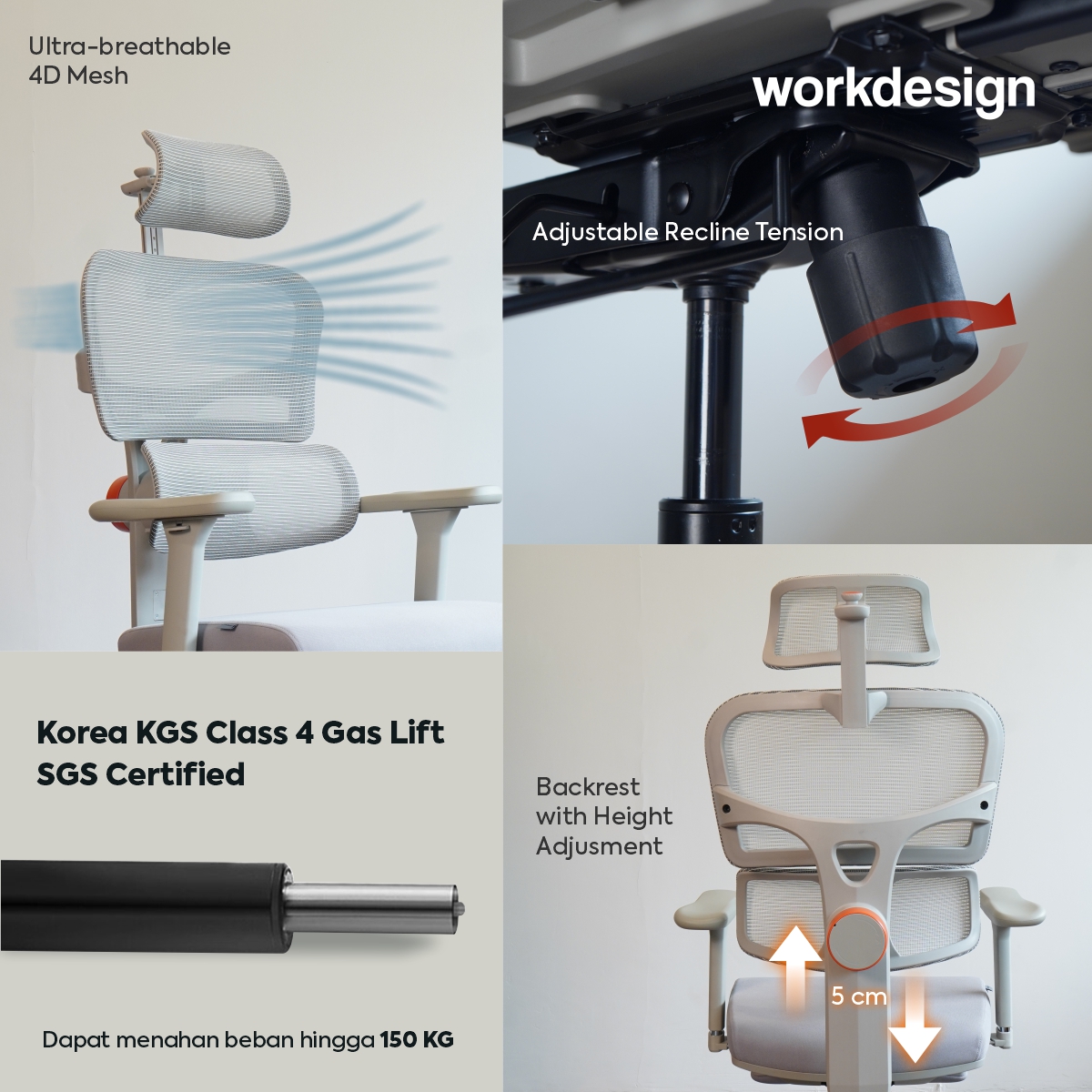 WORKDESIGN ANISEYA PC KURSI KANTOR / KURSI KERJA ERGONOMIS DENGAN LUMBAR SUPPORT warna GREY - WORKDESIGN - foto 4