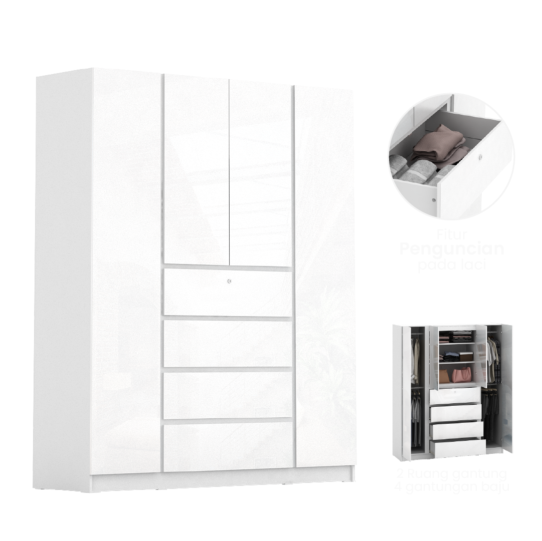 PIRA BAVARIAN - NUVO WD160 4DR LEMARI PAKAIAN 4 PINTU DENGAN LACI warna WHITE GLOSSY - BAVARIAN - foto 9