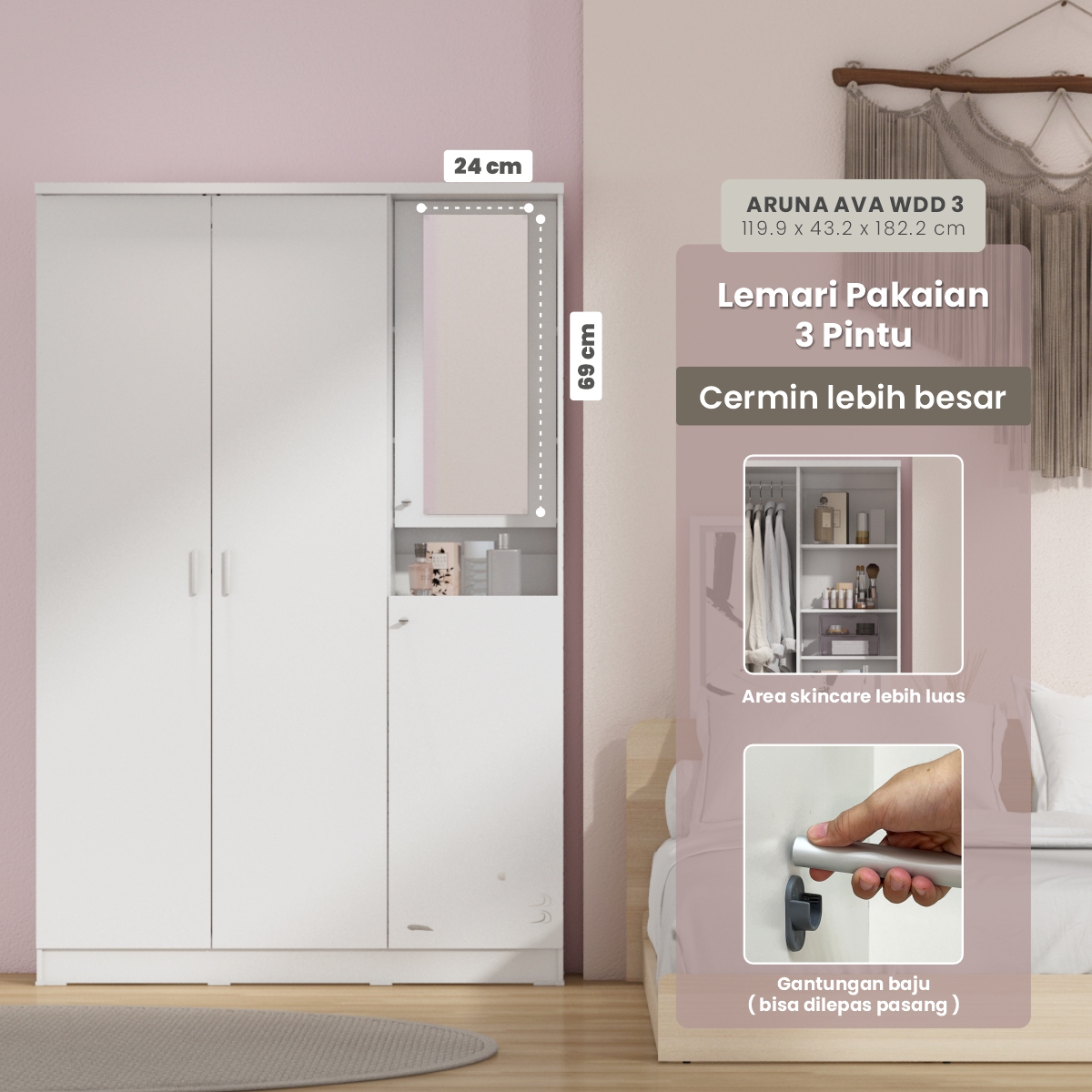 PIRA METROPOLIS OX - ARUNA AVA WDD 3 LEMARI PAKAIAN 3 PINTU DENGAN KACA RIAS warna WHITE - PIRA METROPOLIS OX - foto 2