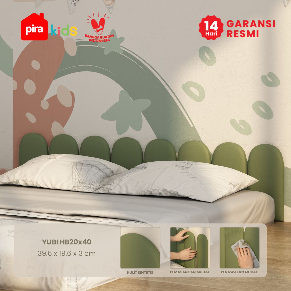 PIRA KIDS - YUBI HB20X40 HEADBOARD KASUR / WALL PANEL 3D / WALLPAPER FOAM 3D / SANDARAN BERMAIN ANAK 1 PCS warna GREEN - PIRA KIDS - foto 1