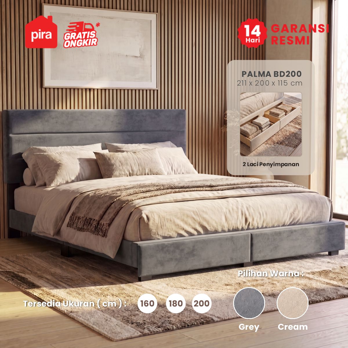 PIRA - PALMA BD200 PLATFORM BED / DIPAN / DIPAN TEMPAT TIDUR / RANJANG KASUR / DIPAN DENGAN LACI PENYIMPANAN warna GREY - PIRA - foto 1