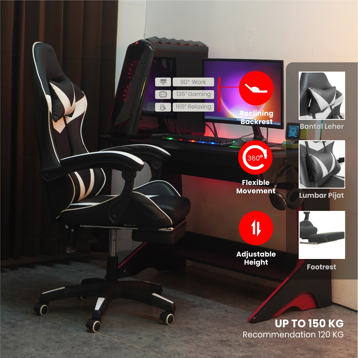 PIRA -  X-WING GC V2 KURSI GAMING DENGAN SANDARAN KAKI DAN FITUR MASSAGE / PIJAT warna BLACK - WHITE - BLACK - PIRA - foto 1