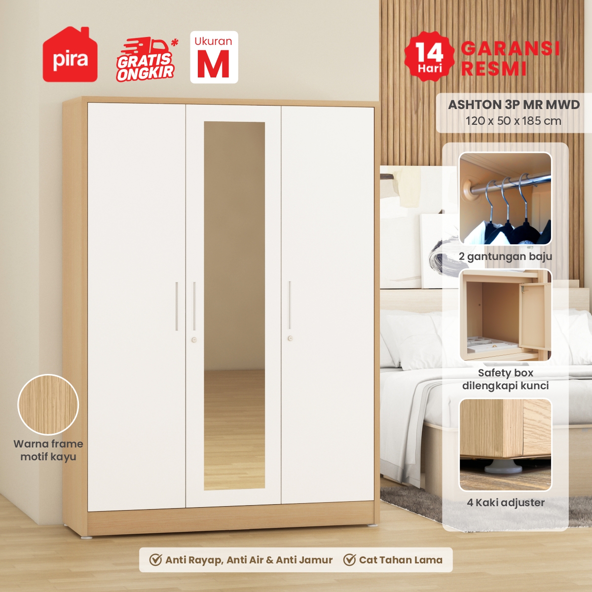 PIRA -  ASHTON 3P MR MWD LEMARI PAKAIAN BESI 3 PINTU SWING DENGAN CERMIN warna LIGHT ASH - WHITE - PIRA - foto 1