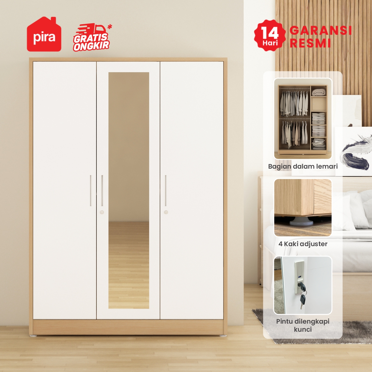 PIRA -  ASHTON 3P MR MWD LEMARI PAKAIAN BESI 3 PINTU SWING DENGAN CERMIN warna LIGHT ASH - WHITE - PIRA - foto 2