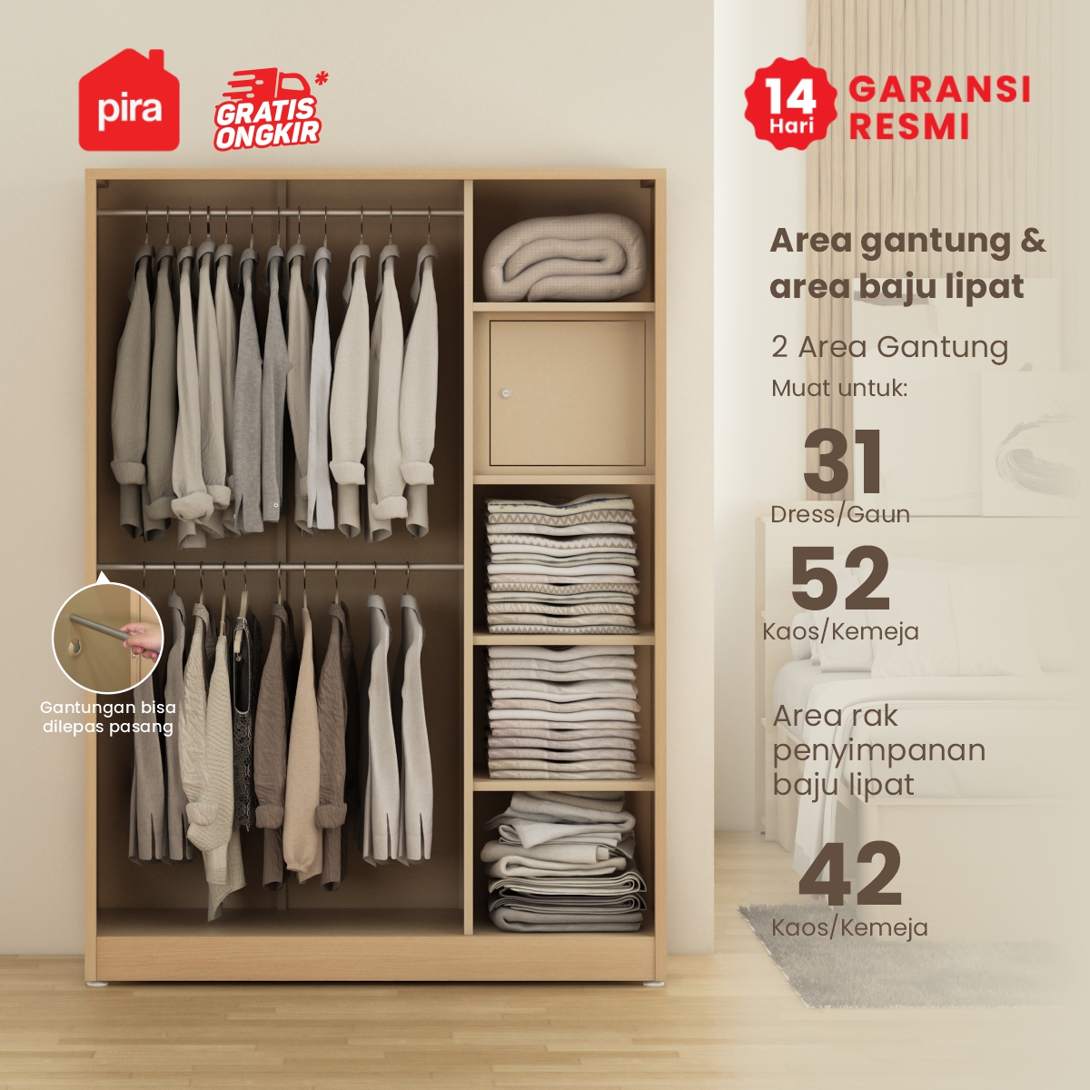 PIRA -  ASHTON 3P MR MWD LEMARI PAKAIAN BESI 3 PINTU SWING DENGAN CERMIN warna LIGHT ASH - WHITE - PIRA - foto 3