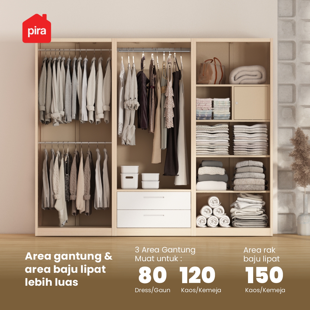 PIRA - ASHTON 6P FGD MWD LEMARI PAKAIAN BESI 6 PINTU DENGAN LACI DAN LED warna LIGHT ASH - WHITE - PIRA - foto 3