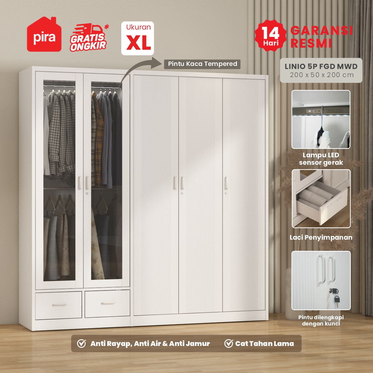 PIRA - LINIO 5P FGD MWD LEMARI PAKAIAN BESI 5 PINTU DENGAN LACI DAN LED warna WHITE - PIRA - foto 1