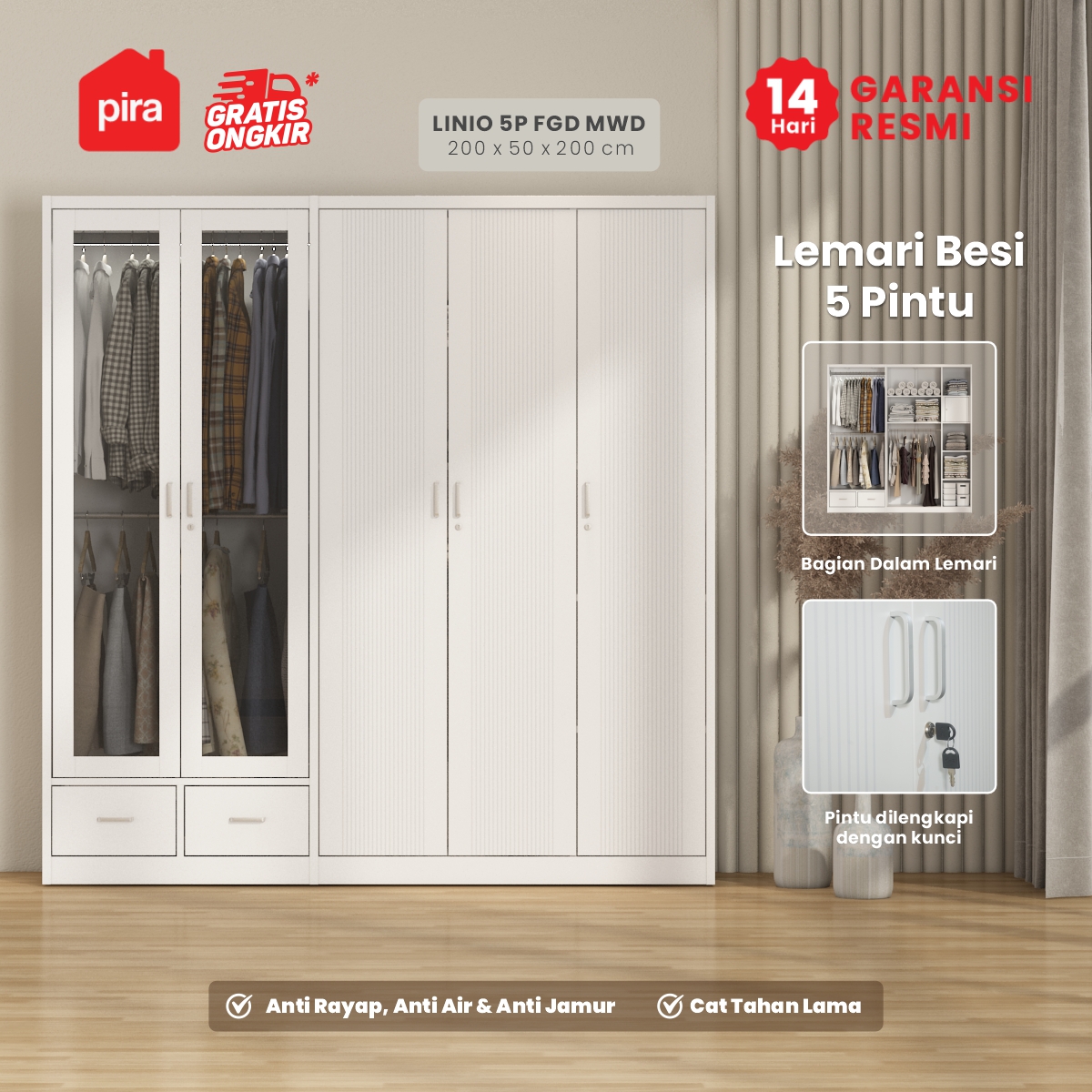 PIRA - LINIO 5P FGD MWD LEMARI PAKAIAN BESI 5 PINTU DENGAN LACI DAN LED warna WHITE - PIRA - foto 2