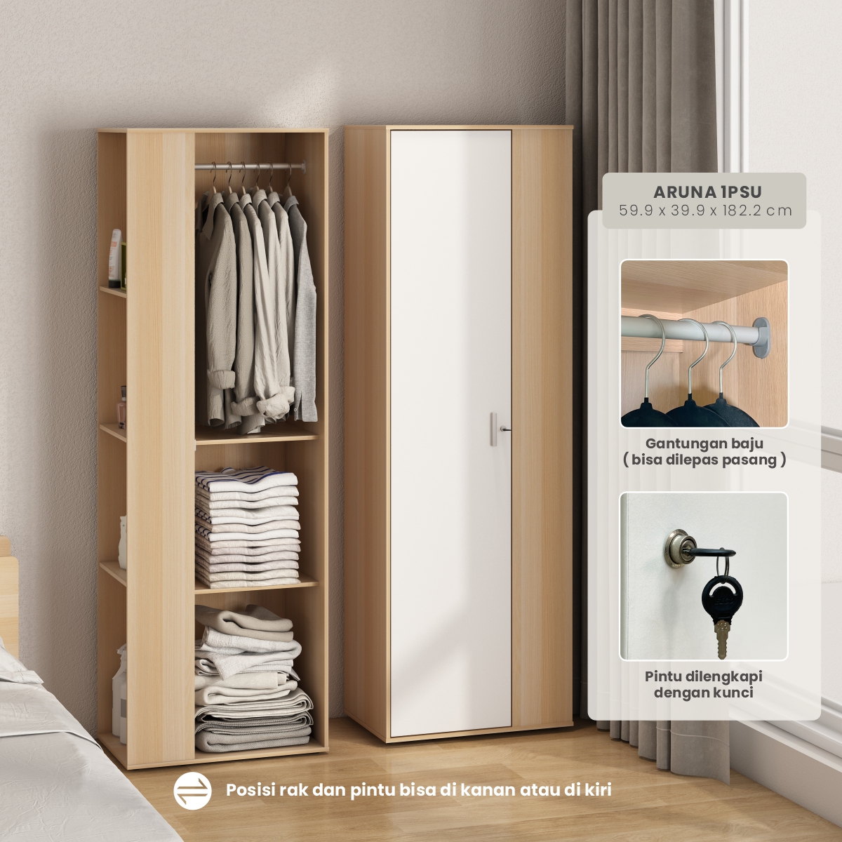 PIRA METROPOLIS OX - ARUNA 1PSU LEMARI PAKAIAN 1 PINTU / LEMARI BAJU / RAK SERBAGUNA warna PRO OAK - WHITE - PIRA METROPOLIS OX - foto 1
