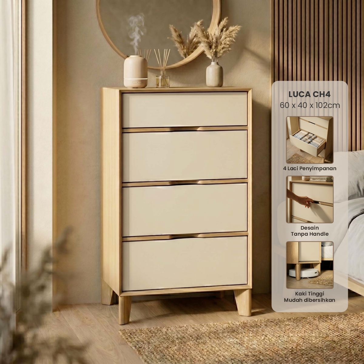 PIRA - LUCA CH4 LEMARI LACI 4 SUSUN / LEMARI SUSUN / DRAWER warna EURO OAK - LIGHT TAUPE - PIRA - foto 1