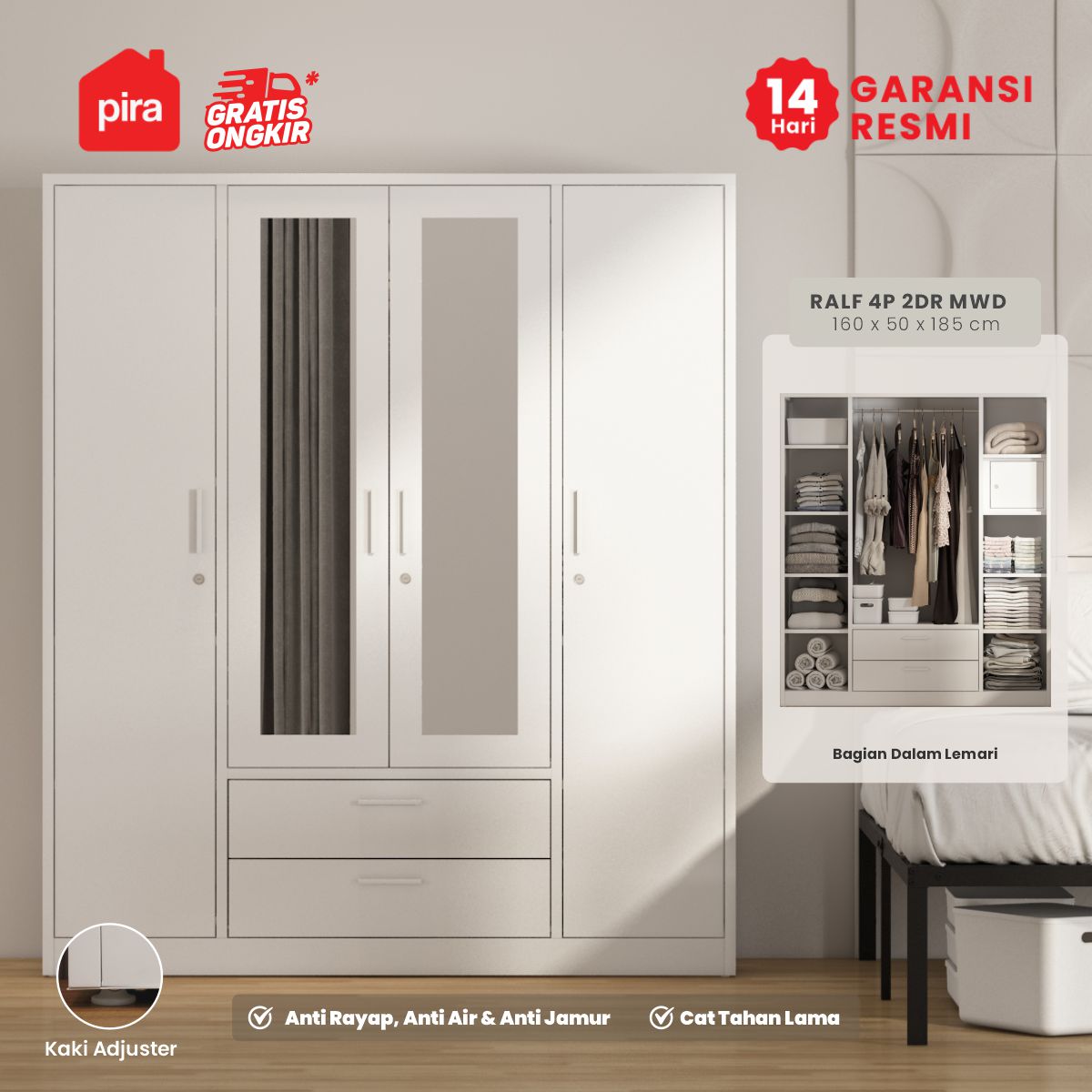 PIRA -  RALF 4P 2DR MWD LEMARI PAKAIAN BESI 4 PINTU DENGAN CERMIN DAN 2 LACI warna WHITE - PIRA - foto 2