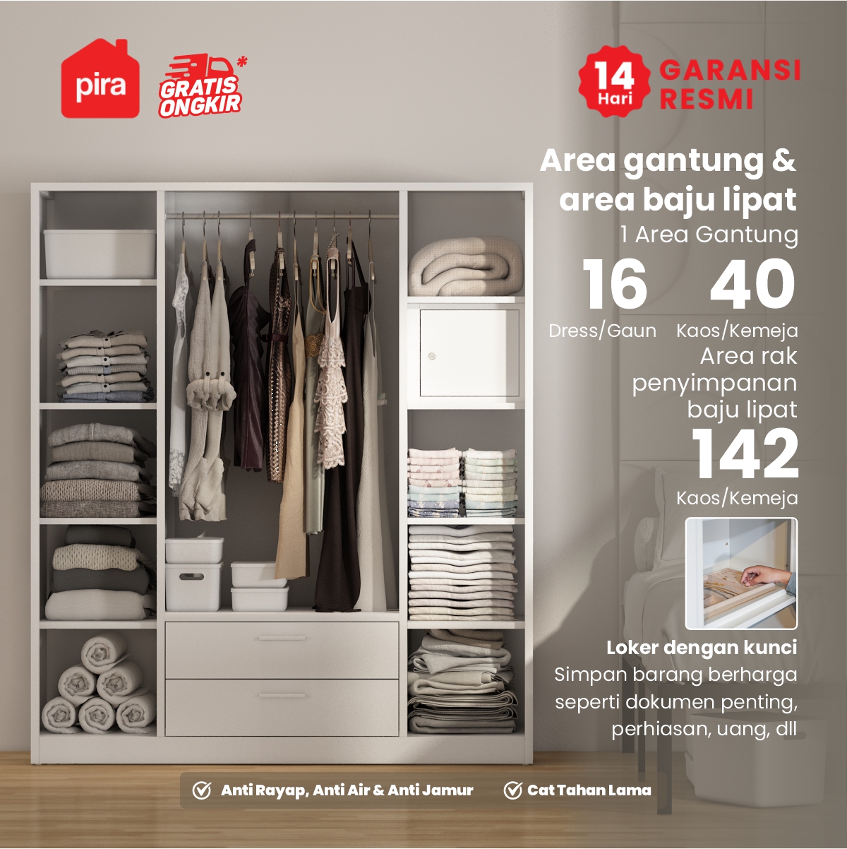 PIRA -  RALF 4P 2DR MWD LEMARI PAKAIAN BESI 4 PINTU DENGAN CERMIN DAN 2 LACI warna WHITE - PIRA - foto 3