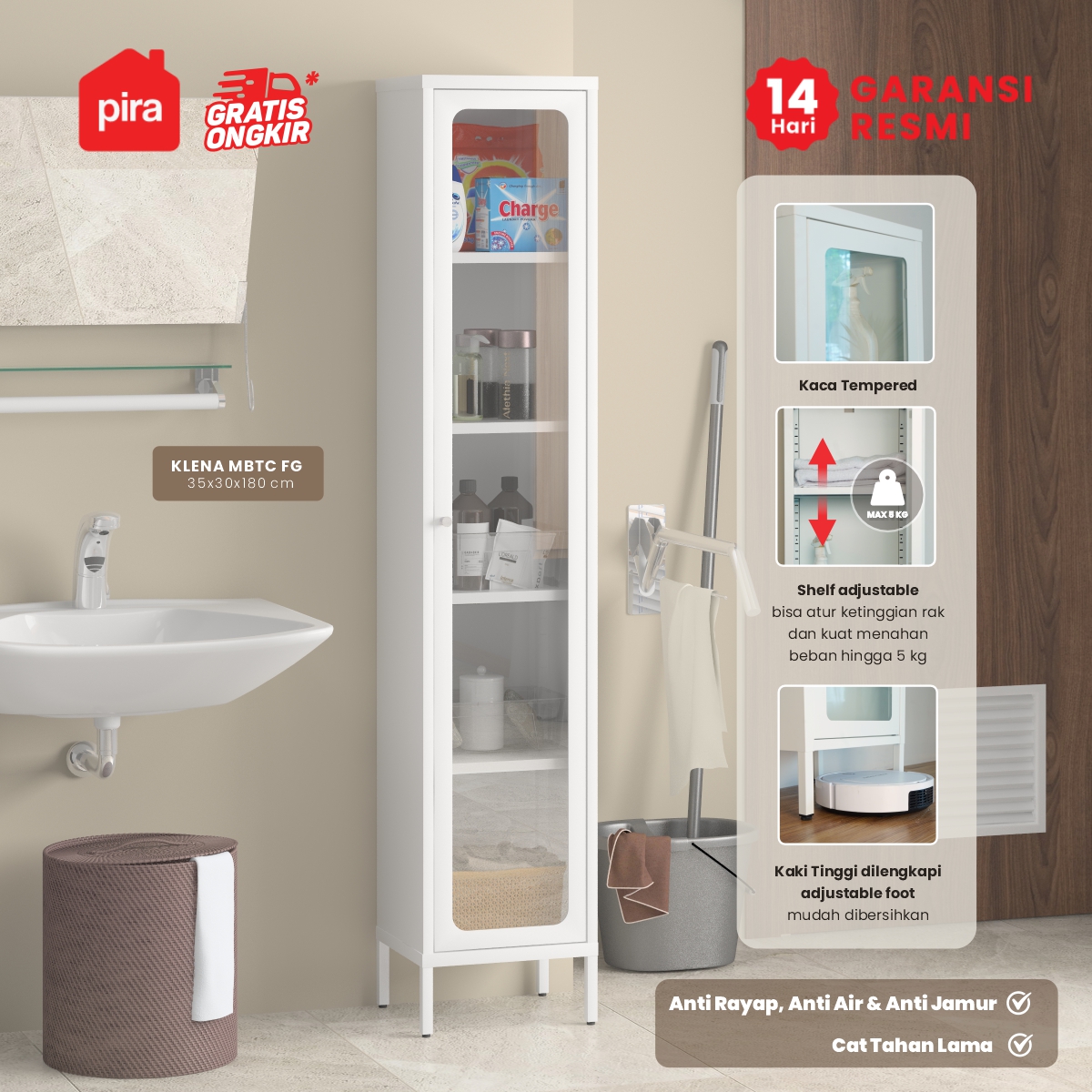 PIRA - KLENA MBTC FG LEMARI BESI / RAK KAMAR MANDI / LEMARI KAMAR MANDI / RAK DISPLAY / RAK BUKU warna WHITE - PIRA - foto 1