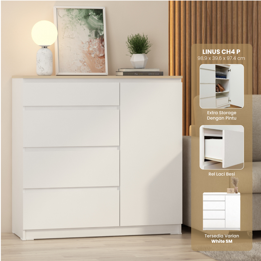 PIRA -  LINUS CH4 P LEMARI LACI / LEMARI SUSUN / DRAWER / BUFET warna WHITE - PRO OAK - PIRA - foto 1