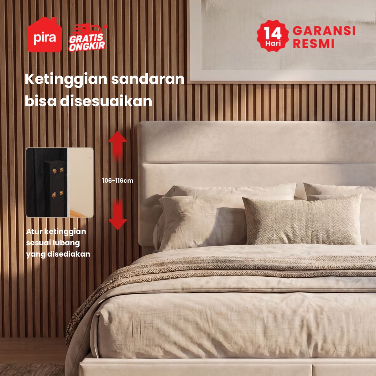 PIRA - PALMA BD160 PLATFORM BED / DIPAN / DIPAN TEMPAT TIDUR / RANJANG KASUR / DIPAN DENGAN LACI PENYIMPANAN warna CREAM - PIRA - foto 5