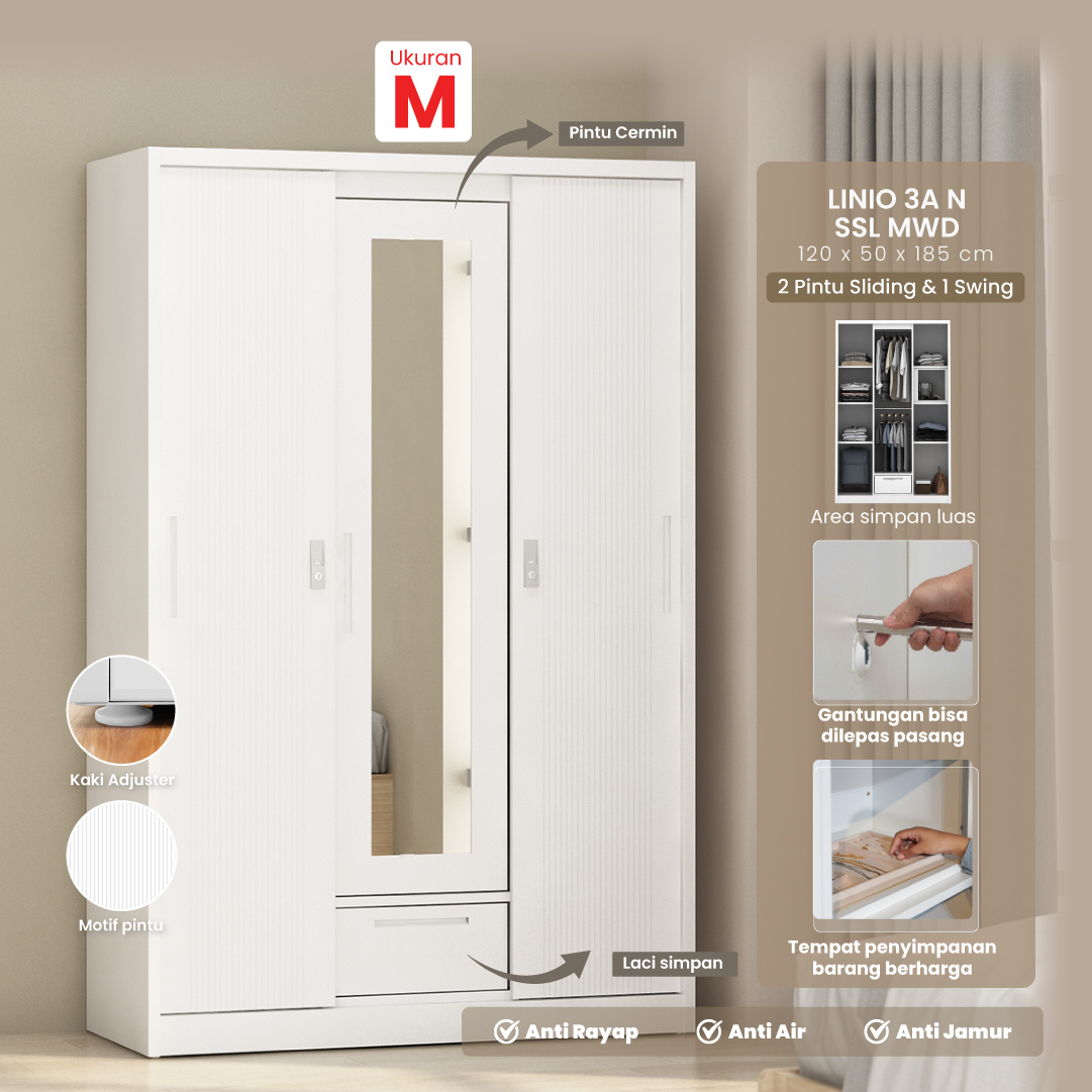 PIRA - LINIO 3A N SSL MWD LEMARI PAKAIAN BESI 3 PINTU SLIDING / PINTU GESER warna WHITE - LIGHT GREY - PIRA - foto 1