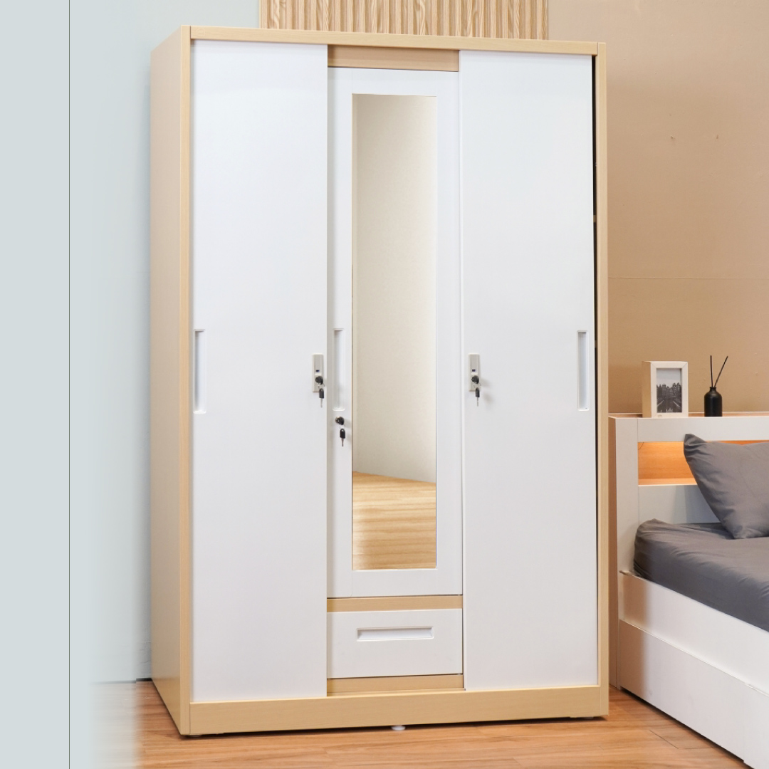 PIRA - ASHTON A 3A N SSL MWD LEMARI PAKAIAN BESI 3 PINTU SLIDING / PINTU GESER warna LIGHT ASH - WHITE - PIRA - foto 7