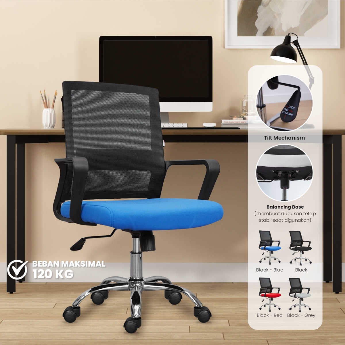 PIRA WORK - REY A OC PR KURSI KERJA / KURSI KANTOR warna BLACK - BLUE - PIRA WORK - foto 1