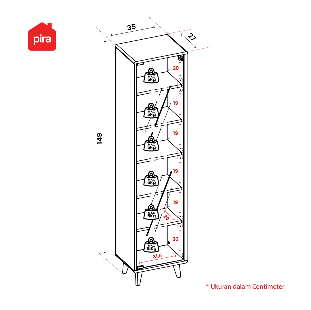 Panduan ukuran PIRA -  TORY SC35 RAK DISPLAY / RAK BUKU / SHOWCASE / LEMARI PAJANGAN / LEMARI HIAS warna PRO OAK - PIRA