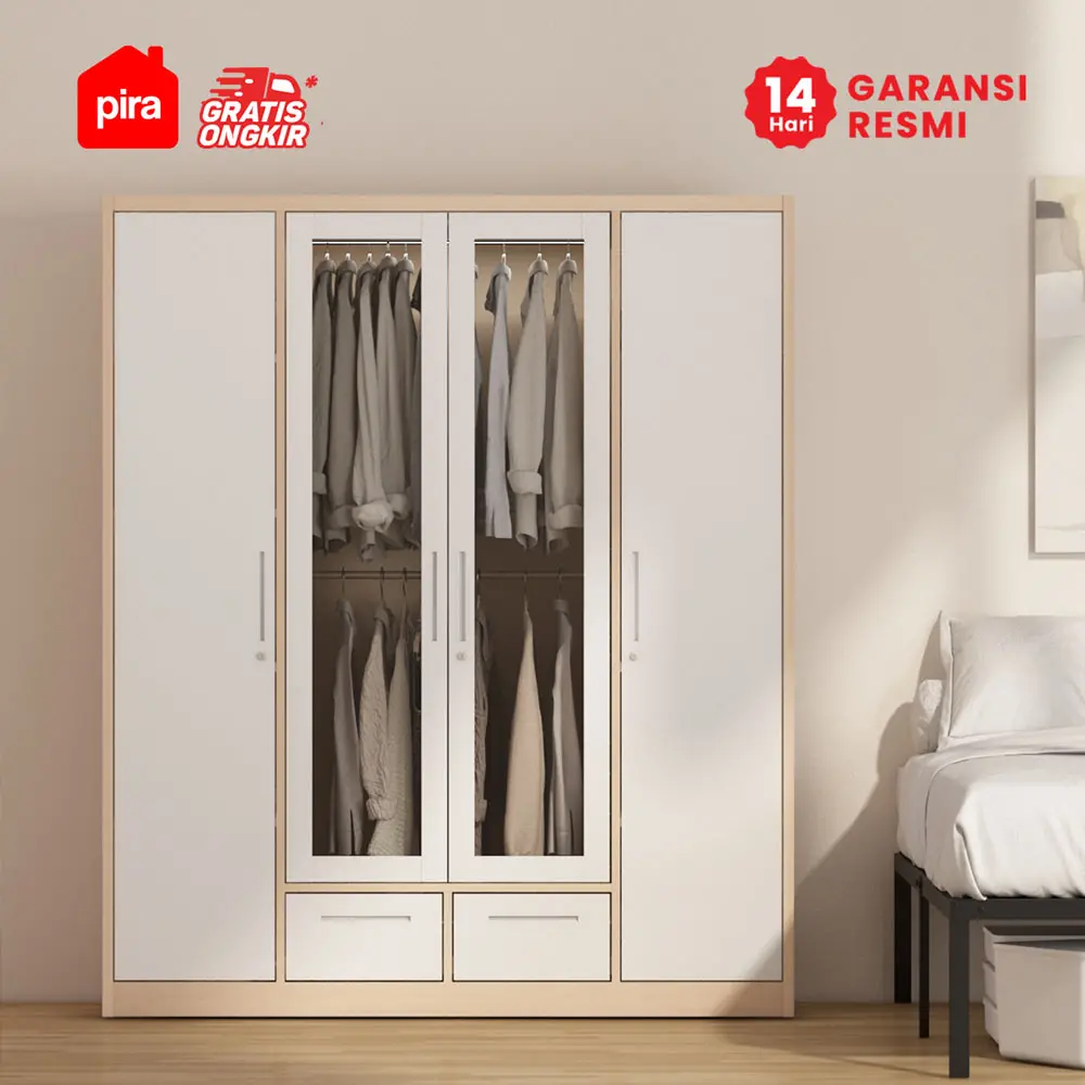 PIRA - ASHTON 4P FGD MWD LEMARI PAKAIAN BESI 4 PINTU / LEMARI BESI JUMBO DENGAN LACI DAN LED warna LIGHT ASH - WHITE - PIRA - foto 6