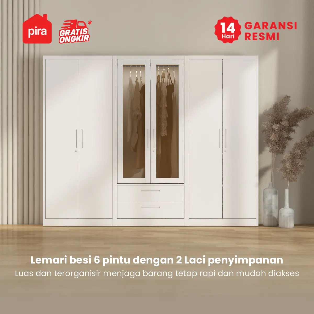PIRA -  STEEL 6P FGD MWD LEMARI PAKAIAN BESI 6 PINTU DENGAN LACI DAN LED warna WHITE - PIRA - foto 2